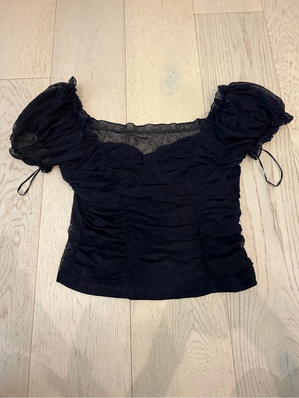 SHEIN Black Ruched Puff-Sleeve Mesh Top